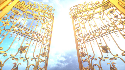 Golden gate to heaven. The gate open against the background of a colorful sky. 3D render
