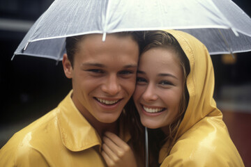 Attractive Teen Couple Sharing an Umbrella in the Rain