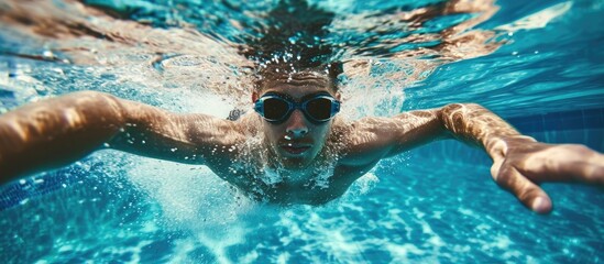Male swimmer performing breaststroke techniques viewed from the front.
