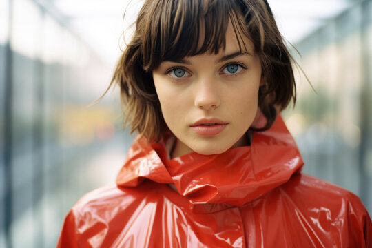 Portrait Of An Attractive Mysterious Young Woman With Short Brown Hair And Intense Stare Wearing A Red Raincoat With A Hood