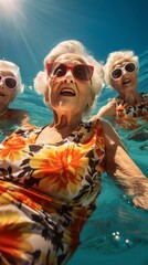 Active senior women swimming in the pool, water aerobics for seniors
