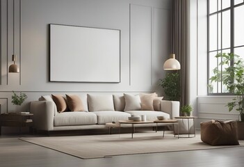Blank horizontal wall artwork frame mockup in living room interior background