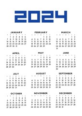 Annual vertical calendar in English for the year 2024