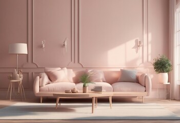 Cozy light home interior mock-up in pastel pink colors 3d render