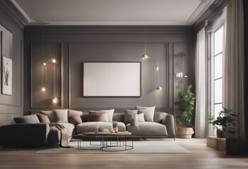 Fototapeta premium Big horizontal artwork template mockup frame in a grey spacious living room with sofa and high window