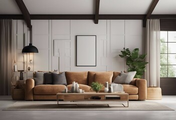 Brown comfortable sofa in a big living room with vertical artwork frame or mock up on the wall