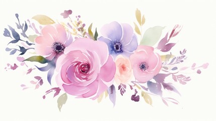  a bouquet of flowers painted in watercolor on a white background with leaves and flowers on the bottom of the image.