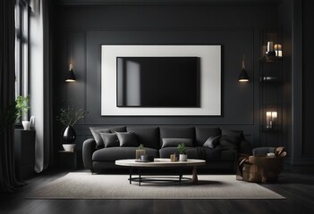 Home interior modern dark living room interior black empty wall mock up 3d render