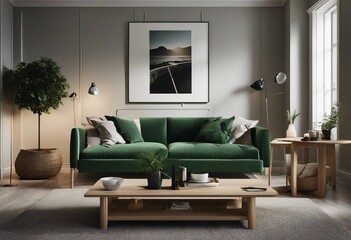 Home interior mock-up with green sofa wooden table and decor in living room 3d render