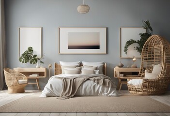 Home mockup bedroom interior background with rattan furniture and empty frames Coastal style 3d render