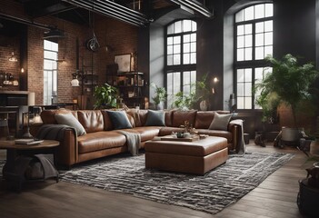 Living room loft with brown furniture  in industrial style 3d render