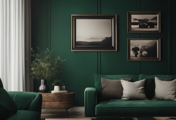 Three different size mockup frames close up in dark green farmhouse living room interior 3d render