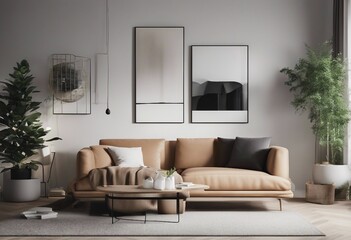 Two different size mockup frames in minimalist modern living room interior background Scandinavian style 3D render