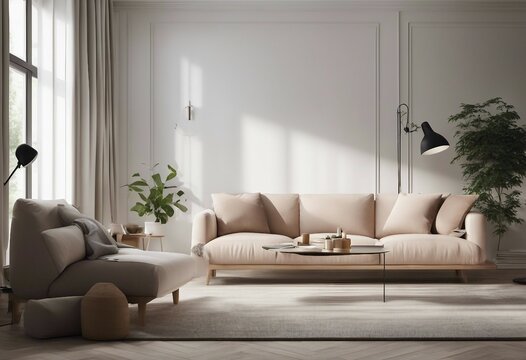 Minimalist modern living room interior background Scandinavian style 3D render Beige furniture and big plants
