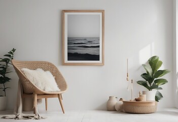 Vertical mock up frame in home interior background white room with natural wooden furniture Scandi-Boho style