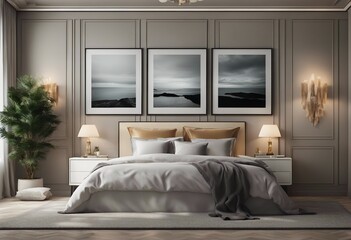 Three identical size artwork mockup frames in luxury Hampton style bedroom interior 3d render