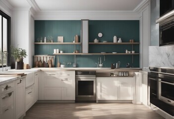 Spacious kitchen interior with blue wall American style 3d render