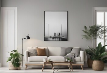 Fototapeta premium Mockup frame in Scandinavian living room interior background 3d render