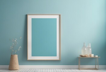 Mockup poster frame close up on wall painted pastel blue color 3d render
