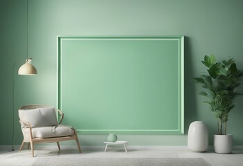Square mockup poster frame close up on wall painted pastel green color 3d render