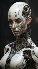 Cyborg woman with human and machine body parts, modern innovative software technologies
