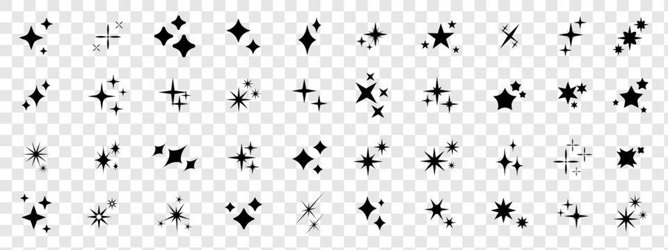 Set of sparkles star icons. Rating star .Bright vector stars .Flash,shine sparkle icon,glare,light,blink star. Modern simple black stars collection isolated on transparent background