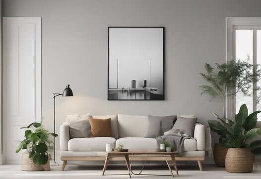 Mockup frame in Scandinavian living room interior background 3d render