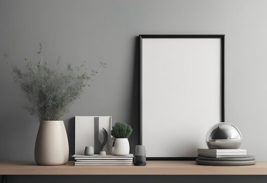 Mock up frame on a shelf with minimal decor close up in home interior background 3d render