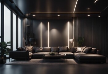 Modern dark home living room interior background wall with big windows