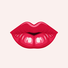 Flat Vector Red Female Lips Icon Closeup. Woman Lips Giving Kisses. Kiss, Love, Sexy and Beauty Concept. Modern Pop Art Cartoon Comic Style, Simple Design