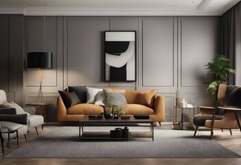 Modern home interior background wall mockup 3D render Living room interior in pastel color tones