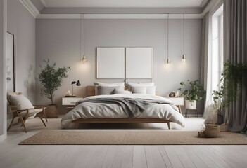 Scandinavian farmhouse bedroom interior with two blank artwork templates on the wall