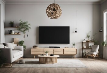 Scandinavian farmhouse living room interior with big flat tv on the wall and wooden furniture