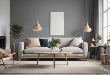 Living room interior in gray tones with sofa table and vertical blank artwork frame on the wall Scandinavian style