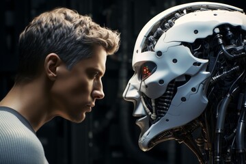 Man and humanoid robot looking at each other, humans vs digital machines