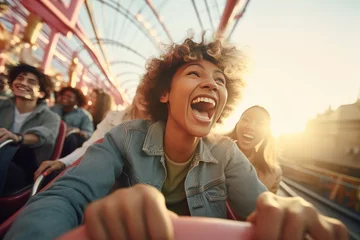  Friends riding roller coaster ride at amusement park.  People having fun at amusement park. Generative ai © alexanderuhrin