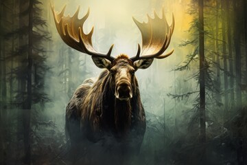 Elk with big horns close-up in a twilight forest in the fog