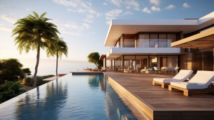 Fototapeta premium Sea view holiday home with infinity pool in modern design, Vacation home for big family