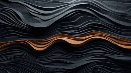  a close up of a wall made out of wavy black and brown paper with a wooden design on top of it.