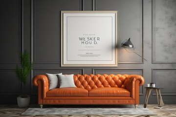 3D rendered mock-up poster with white frames and orange leather sofa. Generative AI
