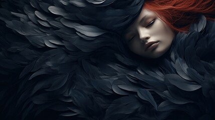  a close up of a woman with red hair and black wings on her head, with her eyes closed and eyes closed. - obrazy, fototapety, plakaty