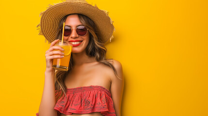 Summer candid portrait of smiling beautiful young lady drinking coctail , wearing a straw hat and sunglasses on yellow background with copy space