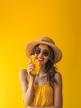 Summer candid portrait of smiling beautiful young lady drinking coctail , wearing a straw hat and sunglasses on yellow background with copy space