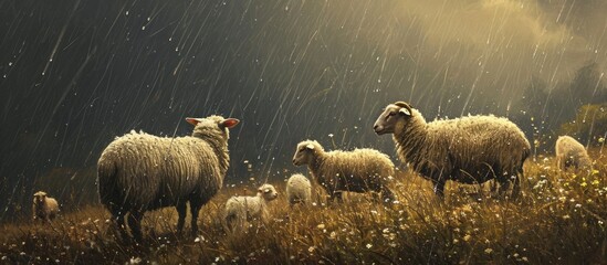 Hailstorm amidst sheep and lambs.