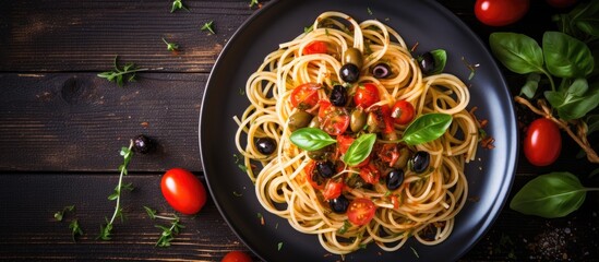 Italian pasta dish with tomatoes, olives, capers, anchovies, basil - flat lay, top view.
