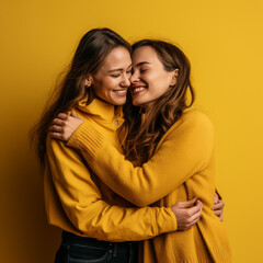 Lesbian couple hugging on a yellow background.
