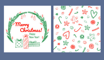 Christmas card template with fir-tree branches, decorations, xmas gift box. Green and red Christmas wreath. Vector illustration for winter and greeting card, poster, invitation, banner design.