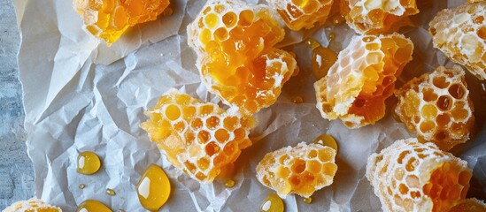 Honeycomb candy placed on wax paper in a flat layout.