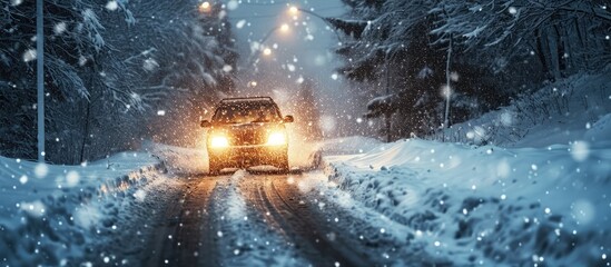 Car driving in a snowy Blizzard with low visibility using headlights.