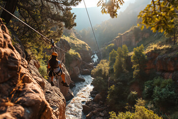 Obraz premium A woman rides through a canyon on a zipline.